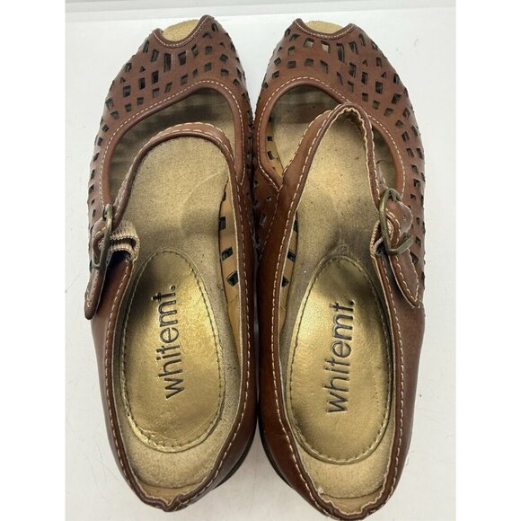 WhiteMt Mario Peep Toe Brown Faux Leather Mule Clogs Women's 8M Mary Jane Strap - Picture 5 of 8